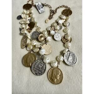 Vintage Signed Chico‘S Silver Gold Pearls Coin Coin Charms Silver 3 Strand ￼20”